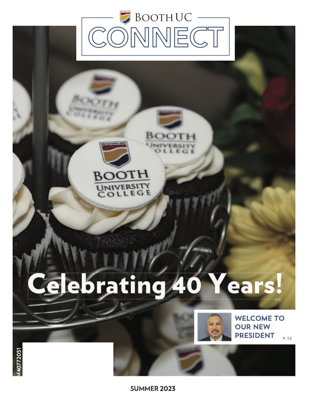 Tray of chocolate cupcakes with white icing with the Booth Univeristy College logo printed on top with text overlay that says "Celebrating 40 Years"