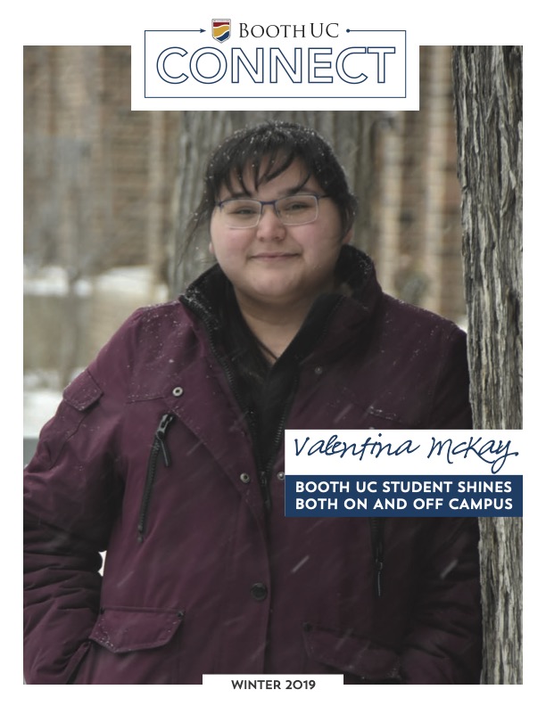 Female student standing outside in the snow with text overlay that says "Valentina McKay"