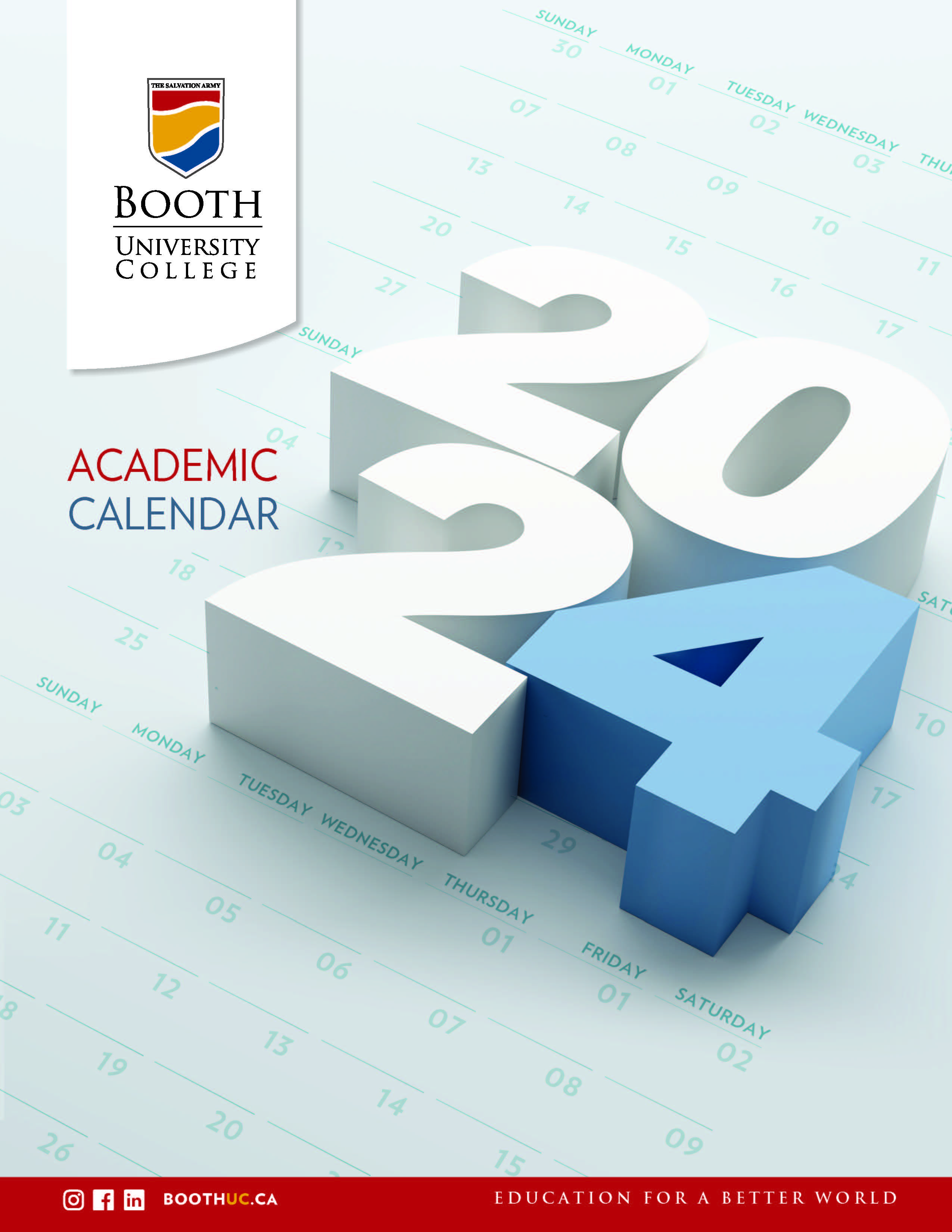 Text bubbles with text reading "2023-2024 Academic Calendar" with the Booth University College logo