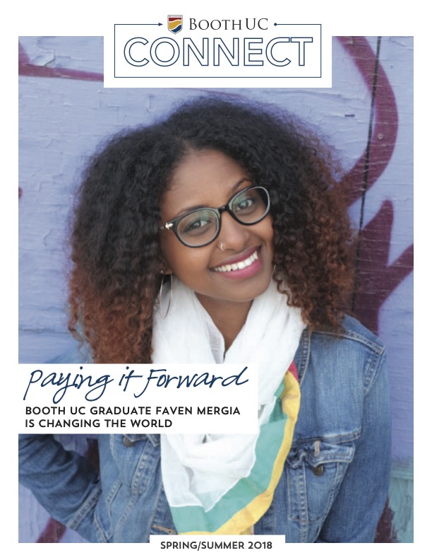 Female student smiling with text overlay that says "Paying it Forward"