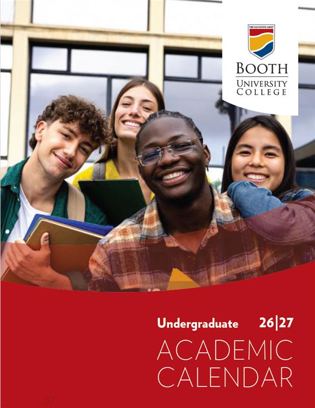 Text bubbles with text reading "2025-2026 Academic Calendar" with the Booth University College logo