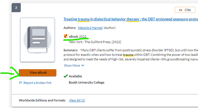 screenshot from the Library Catalogue shows an orange button to View eBook on the left.